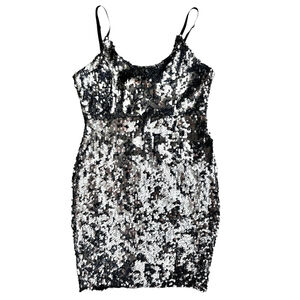 ReVamped Silver Sequin Mini Dress Scoop Neck Spaghetti Strap Bow Back MEDIUM